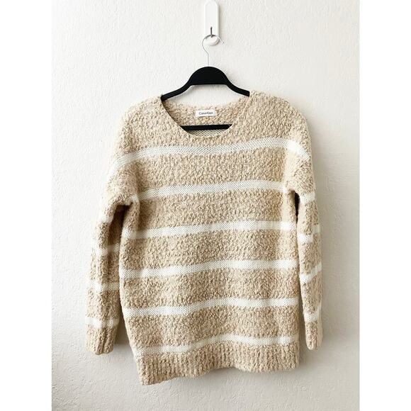 Calvin Klein Women's Chunky Oversized Boyfriend Beige Cream Striped Sweater Cozy - Picture 2 of 6